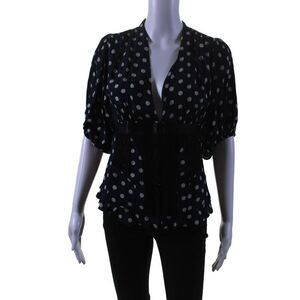 Icons Womens Hook Front Short Sleeve V Neck Polka Dot Top Navy White Size XS